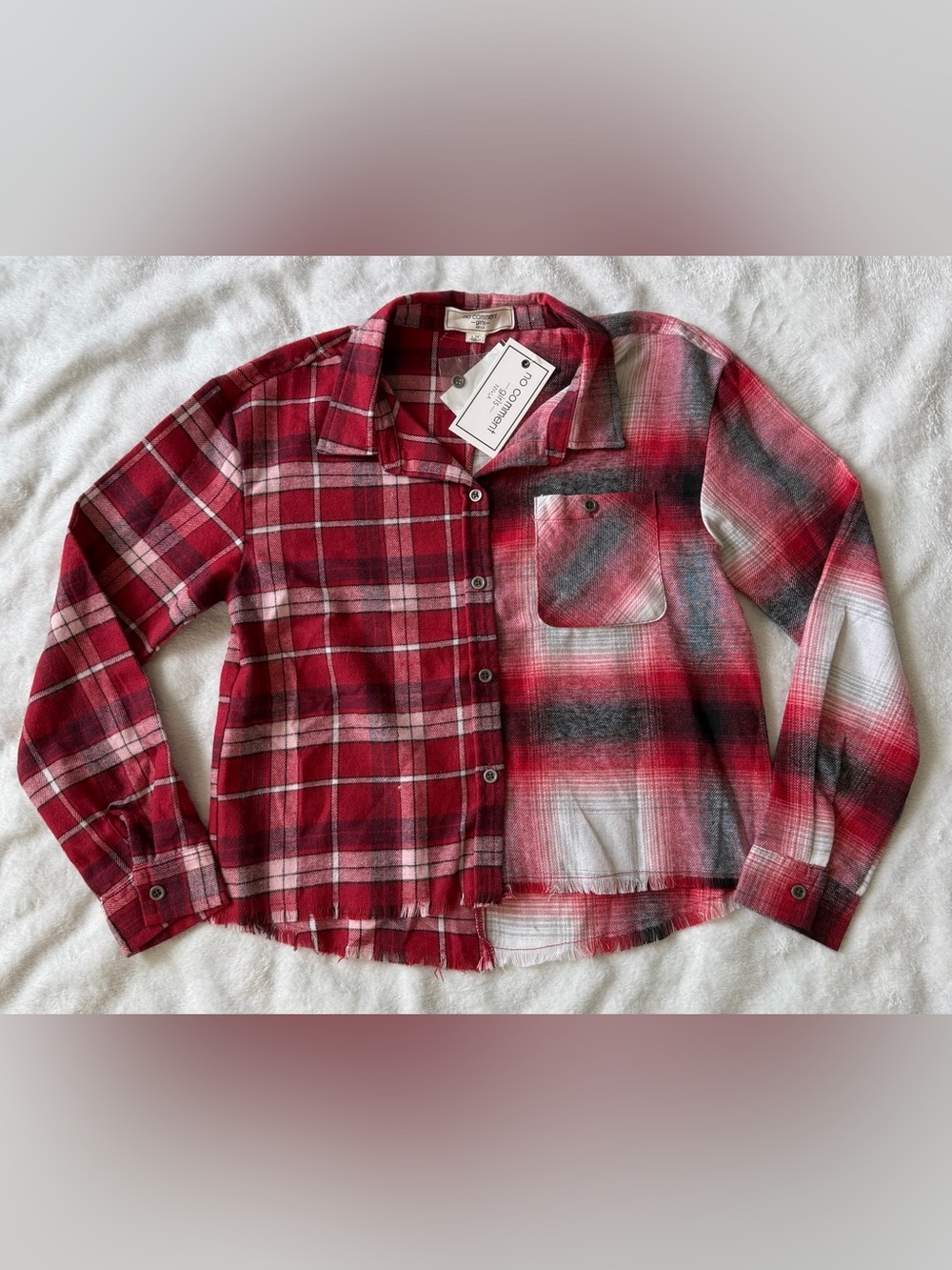 🆕 NO COMMENT | Plaid | Cropped | Raw Hem | Button Up Long Sleeve Shirt